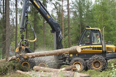 The harvesters can cut 40 cubic metres per hour and each hectare can deliver about R15,000 (£11,960) worth of timber.